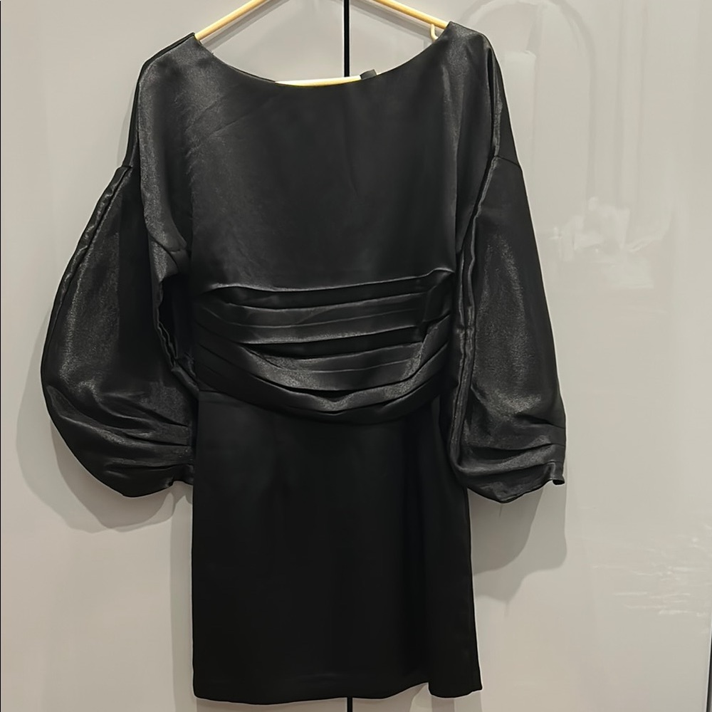 Black Sheath Dress with Bateau Neckline and Bishop Sleeves